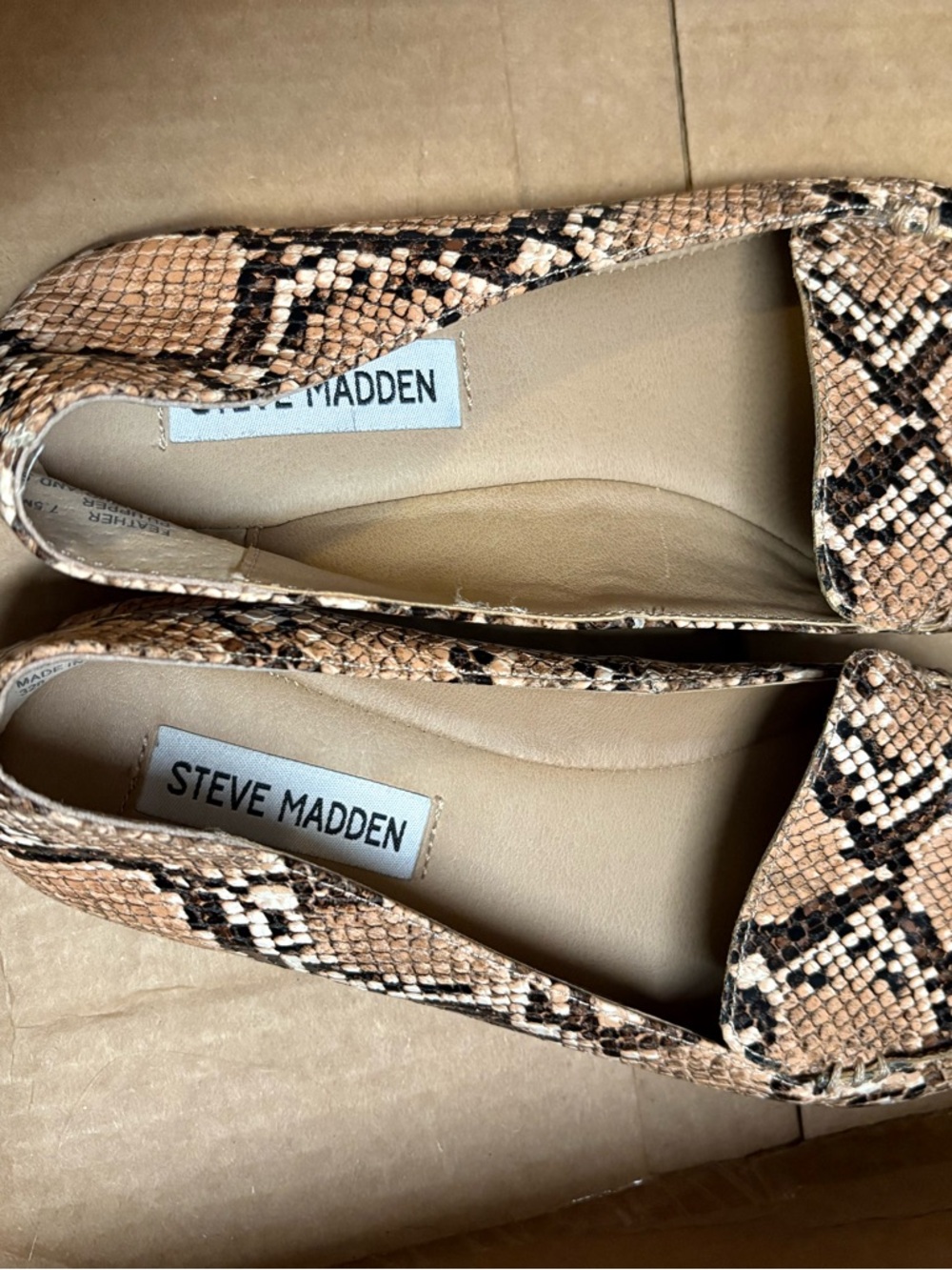 Steve Madden Women’s Snake-Print Loafers in Tan and Black